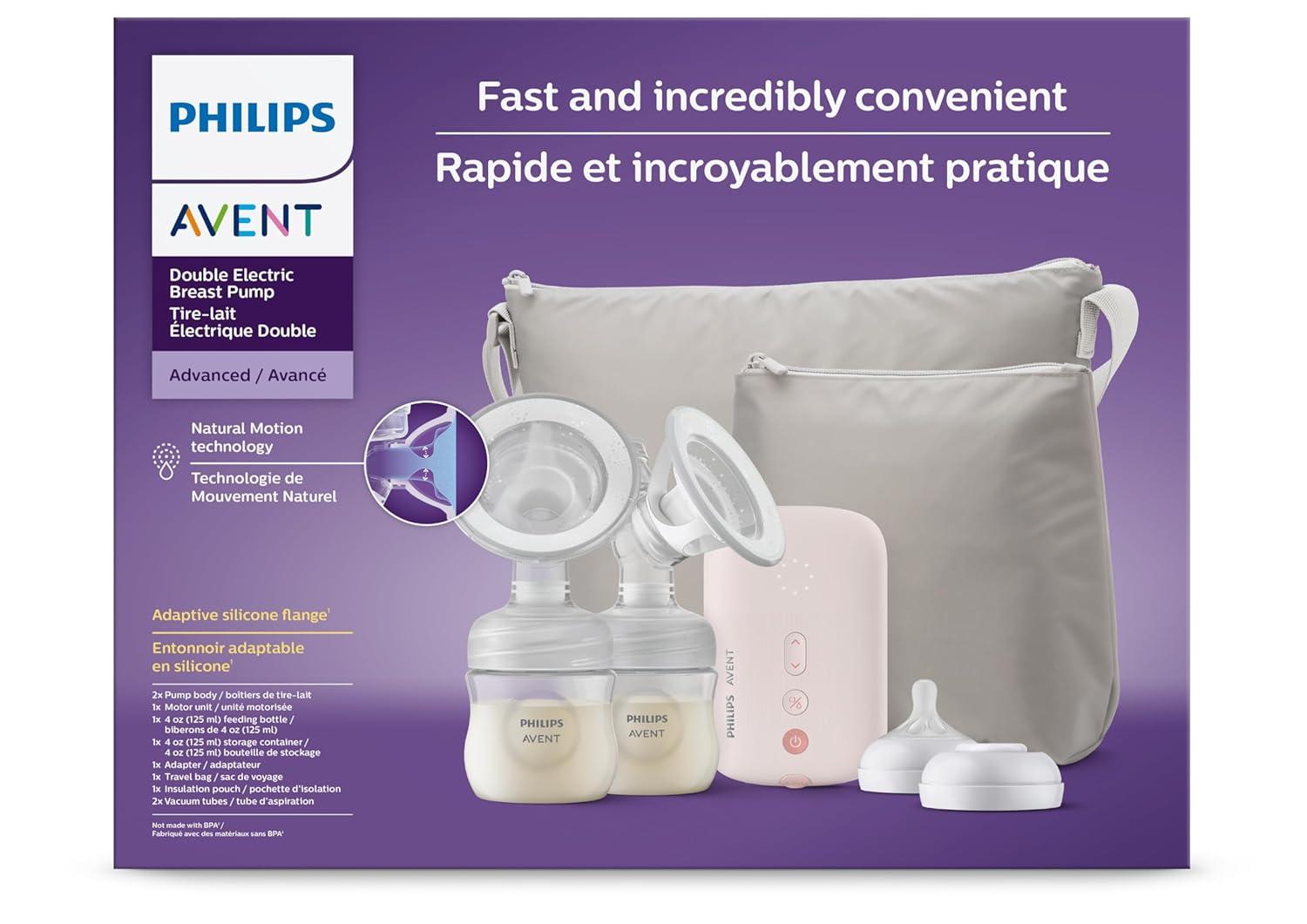 image:imagePhilips AVENT Double Electric Breast Pump Advanced with Natural Motion Technology with Clear Natural Response Baby Bottles White Pump Gray Bag Pouch and Belt SCF39462Double Electric Breast Pump
