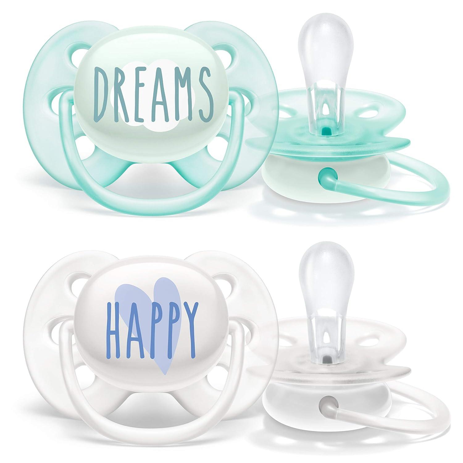 image:imagePhilips AVENT Ultra Soft Pacifier 06 Months Dreams and Happy Designs 4 Pack WhiteGreen SCF22243DreamsHappy