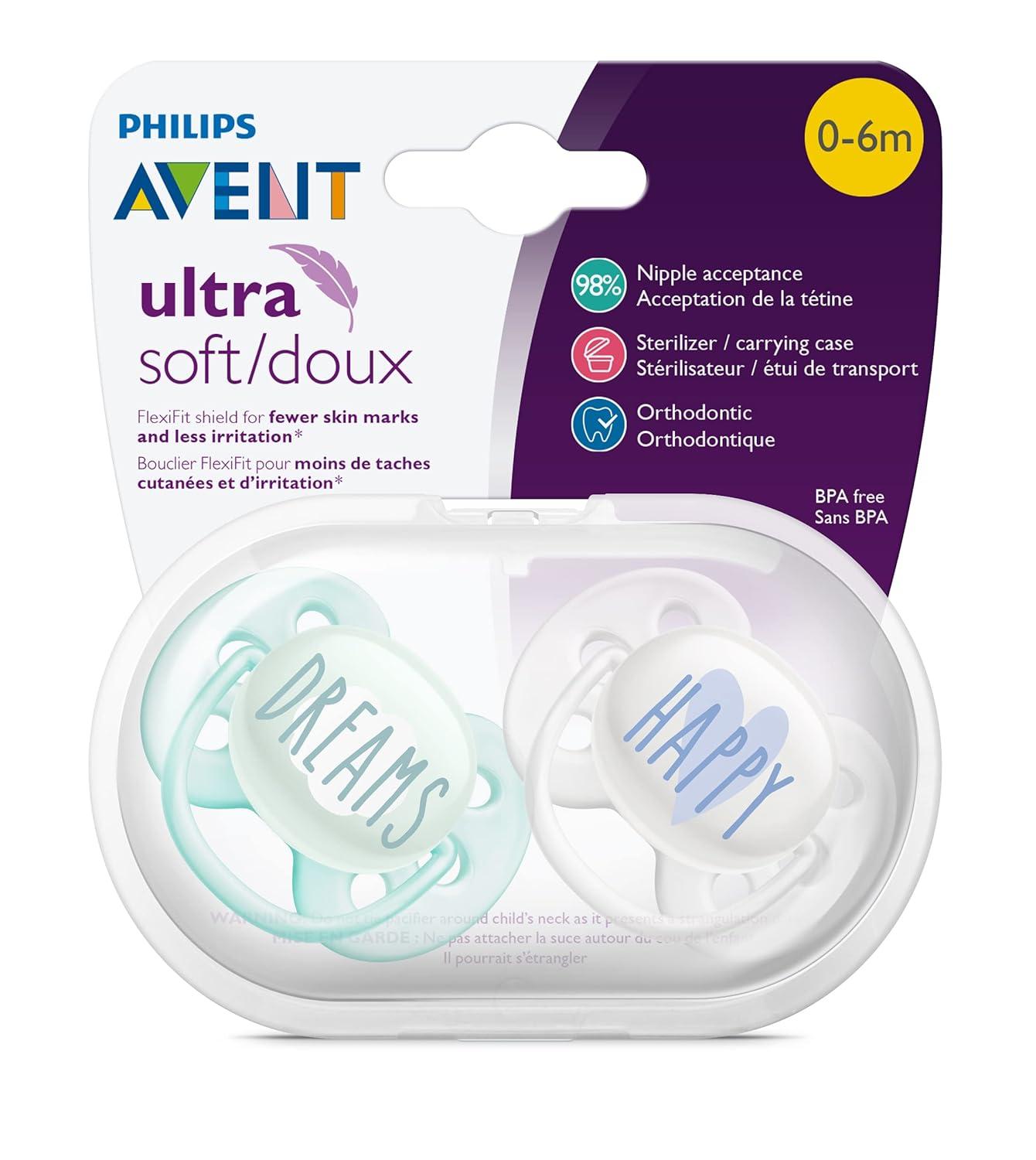 image:imagePhilips AVENT Ultra Soft Pacifier 06 Months Dreams and Happy Designs 4 Pack WhiteGreen SCF22243DreamsHappy