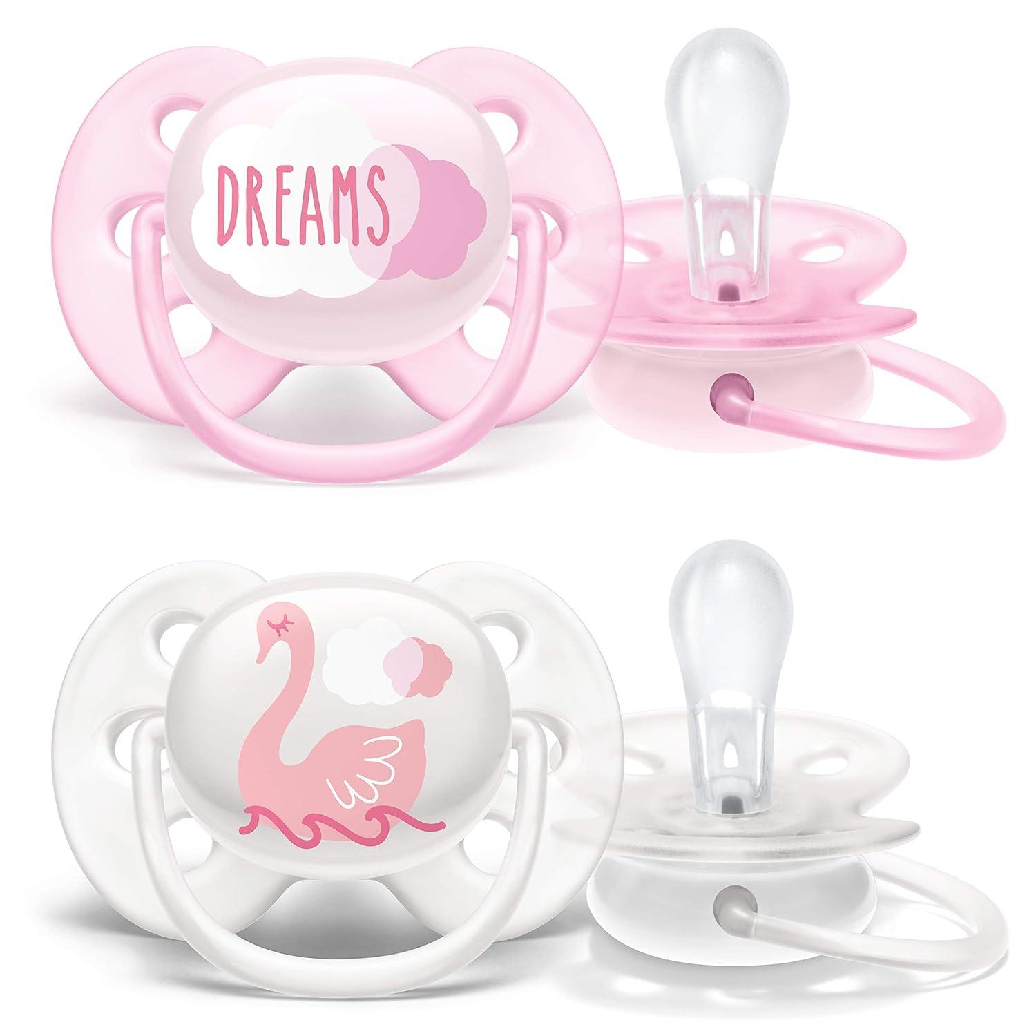 image:imagePhilips AVENT Ultra Soft Pacifier 06 Months Dreams and Happy Designs 4 Pack WhiteGreen SCF22243DreamsSwans