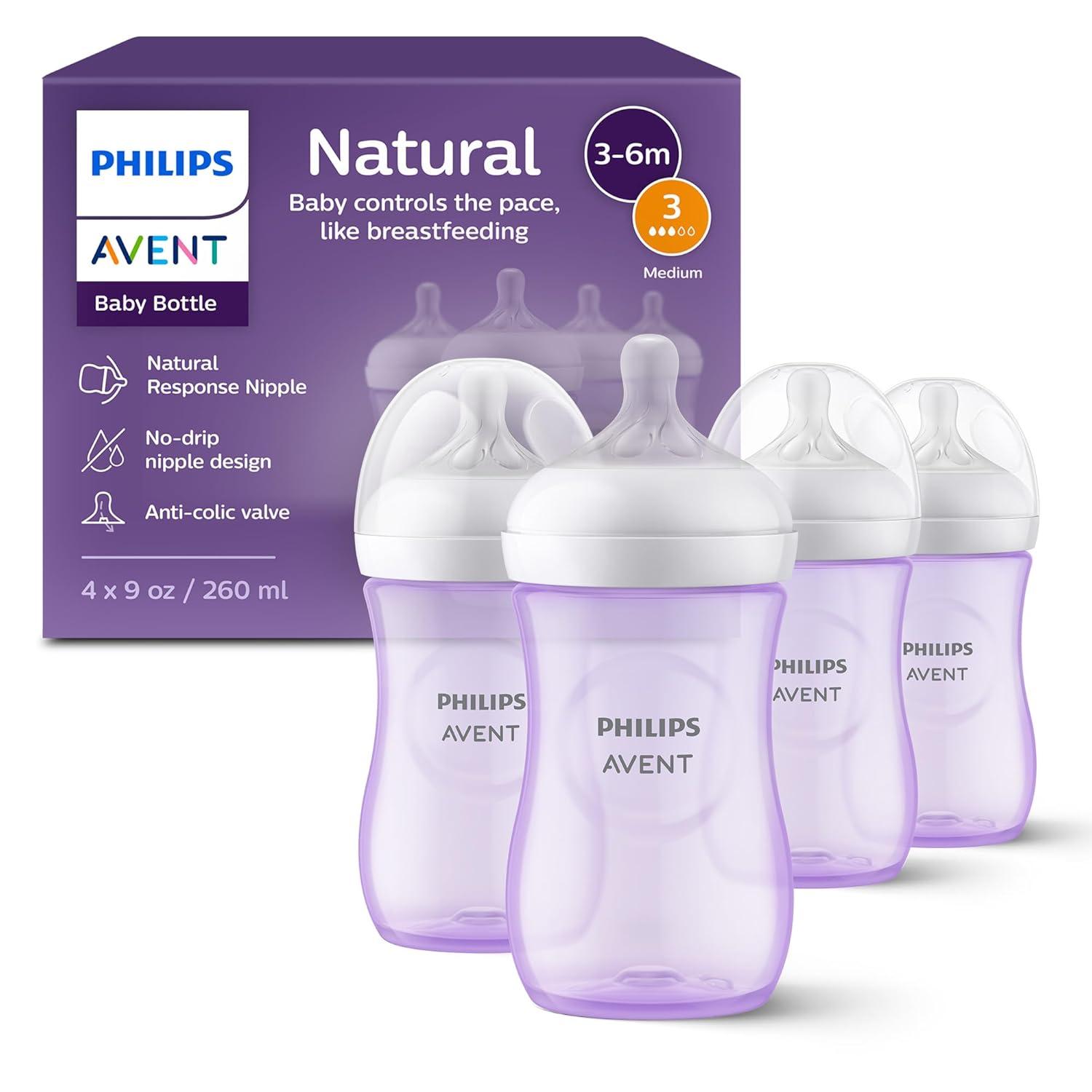 image:imagePhilips Avent Natural Baby Bottles with Natural Response Nipples Medium Flow Flow 3 with Seahorse and Starfish Design 9oz 4Pack SCY90368Purple