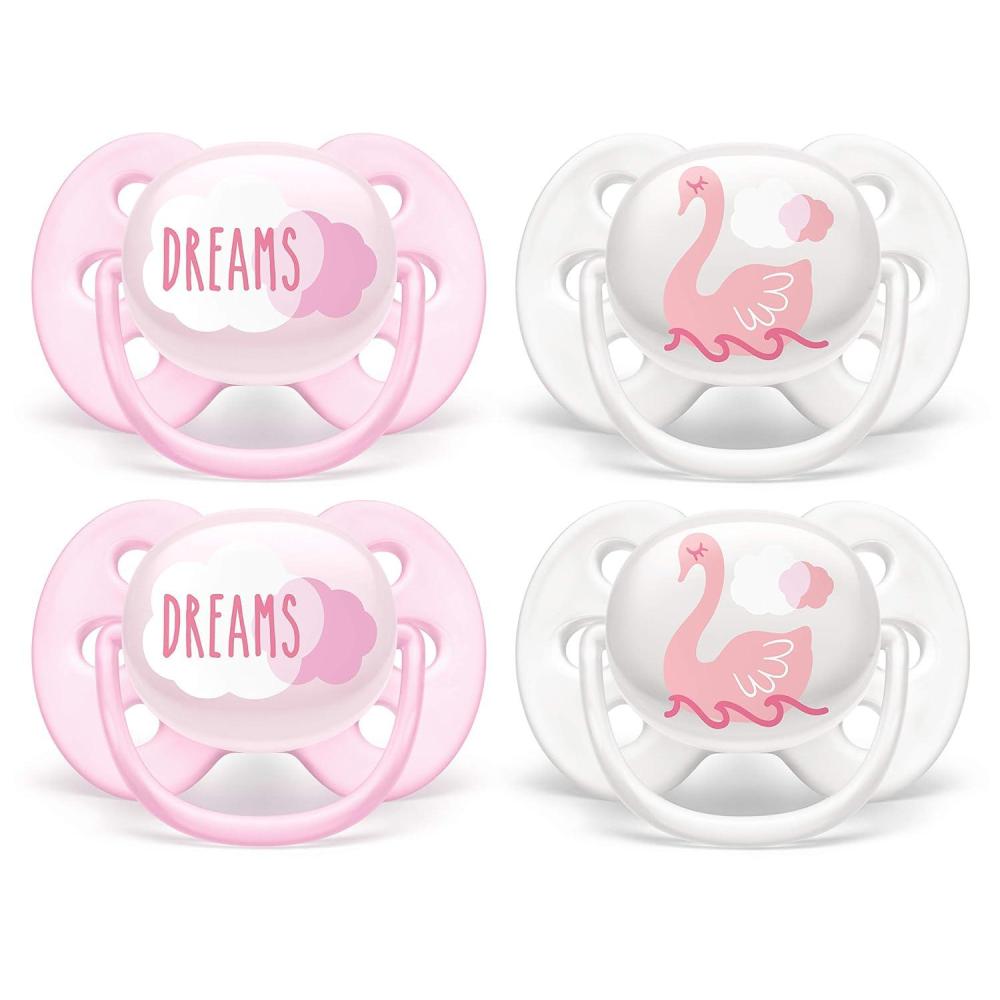 image:imagePhilips AVENT Ultra Soft Pacifier 06 Months Dreams and Happy Designs 4 Pack WhiteGreen SCF22243DreamsSwans