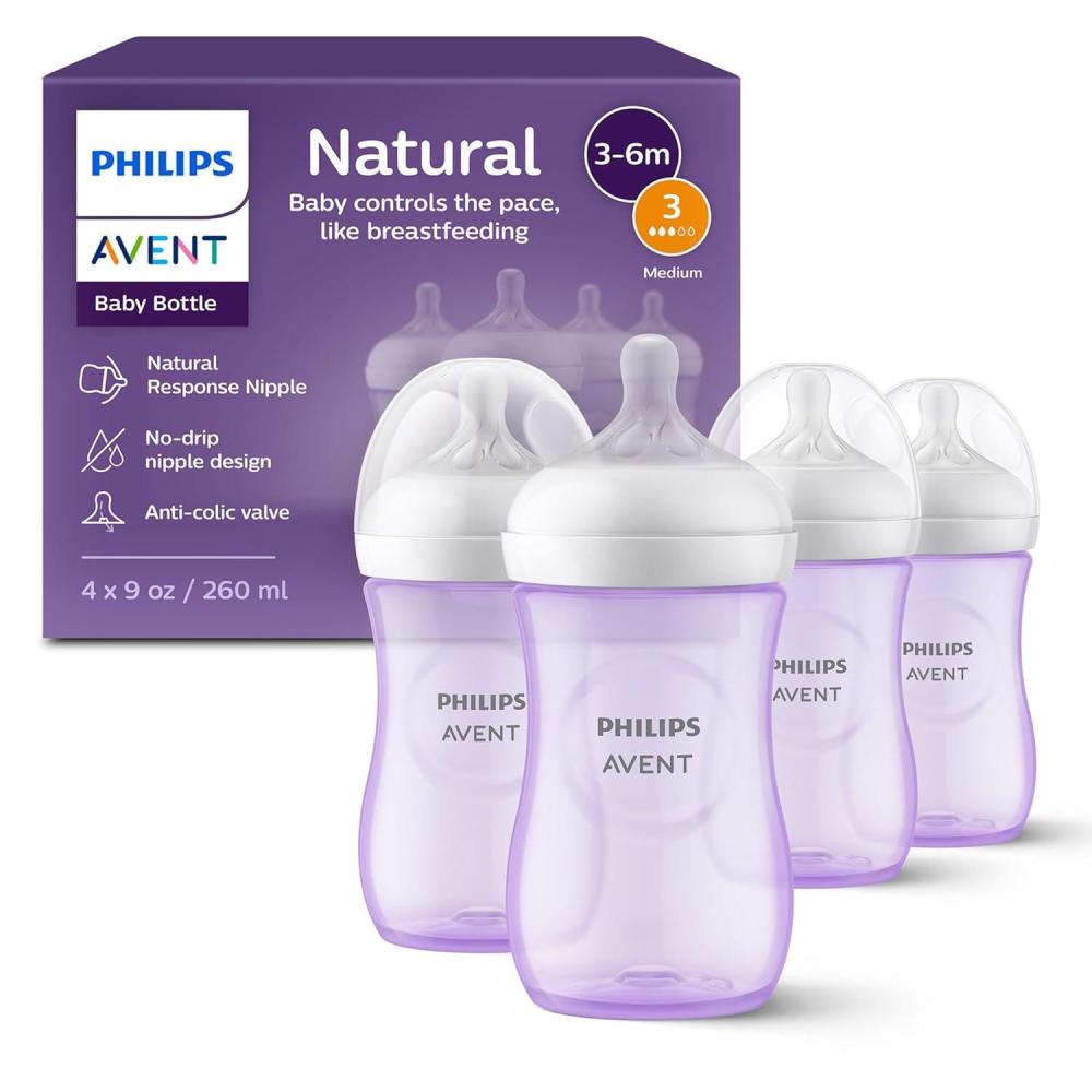 image:imagePhilips Avent Natural Baby Bottles with Natural Response Nipples Medium Flow Flow 3 with Seahorse and Starfish Design 9oz 4Pack SCY90368Purple