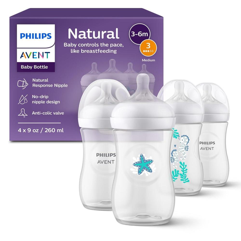 image:imagePhilips Avent Natural Baby Bottles with Natural Response Nipples Medium Flow Flow 3 with Seahorse and Starfish Design 9oz 4Pack SCY90368Sea Design