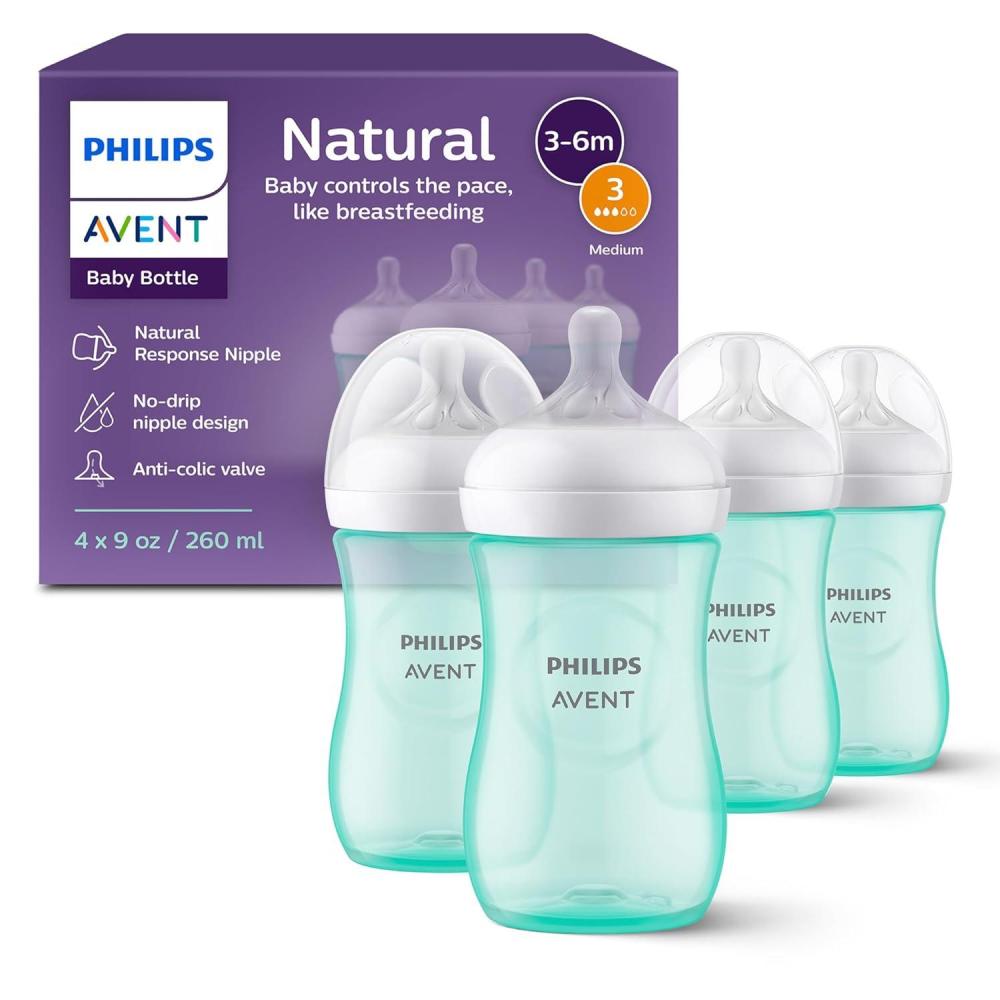 image:imagePhilips Avent Natural Baby Bottles with Natural Response Nipples Medium Flow Flow 3 with Seahorse and Starfish Design 9oz 4Pack SCY90368Teal