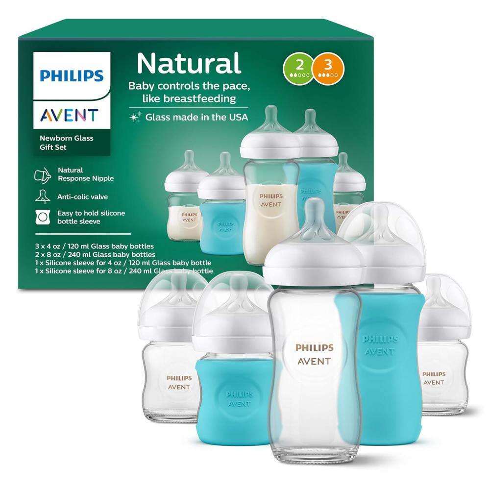 image:imagePhilips Avent Natural Glass Baby Bottles with Natural Response Nipples Medium Flow Flow 3 8oz 4Pack SCY913044 and 8 Ounce