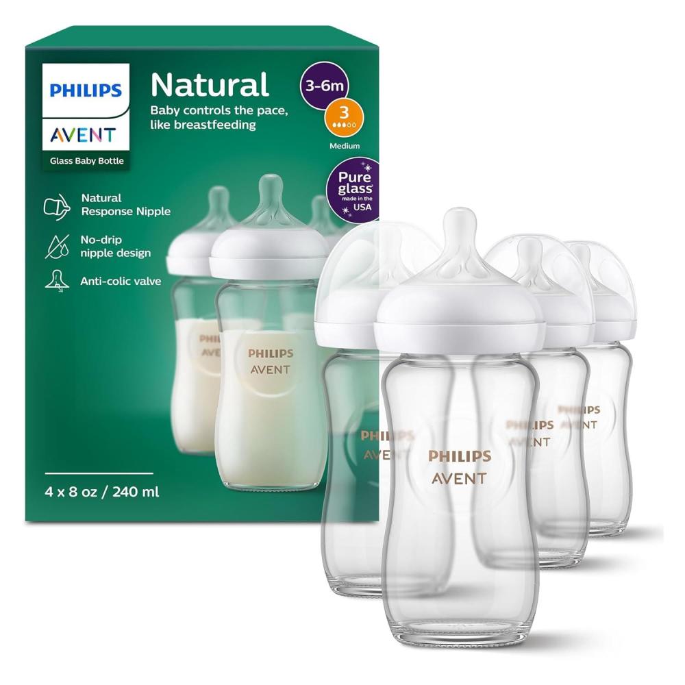 image:imagePhilips Avent Natural Glass Baby Bottles with Natural Response Nipples Medium Flow Flow 3 8oz 4Pack SCY913048 Ounce Pack of 4
