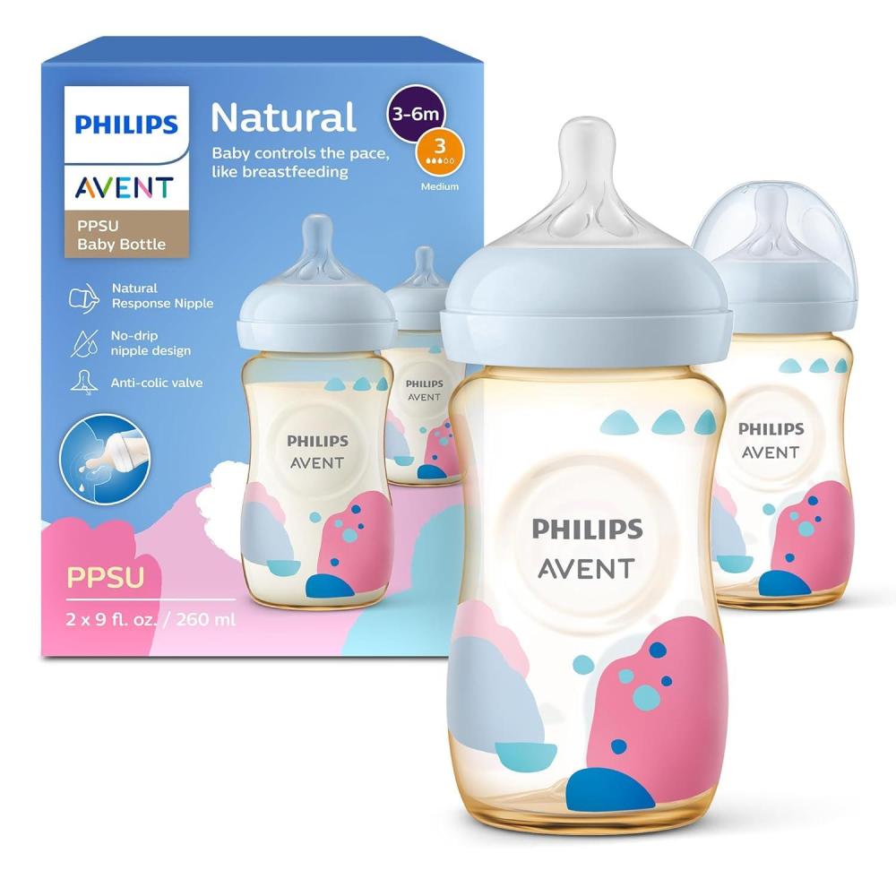 image:imagePhilips Avent PPSU Natural Baby Bottles with Medium Flow Nipples Flow 3 9oz with Decoration 2Pack SCY94302Pack of 2