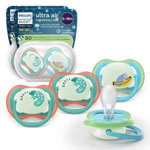image:imagePhilips Avent Ultra Air Nighttime Pacifiers  Orthodontic Design for Babies 618 Months Glow in The Dark Soft Silicone Symmetrical Nipple BPAFree with 2 Sterilizing Cases 4 Pack SCF37636Green