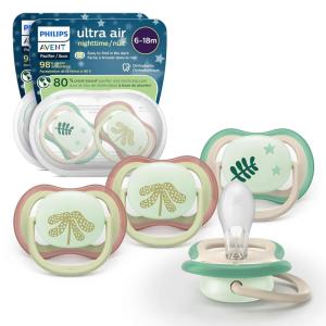 image:imagePhilips Avent Ultra Air Nighttime Pacifiers  Orthodontic Design for Babies 618 Months Glow in The Dark Soft Silicone Symmetrical Nipple BPAFree with 2 Sterilizing Cases 4 Pack SCF37636Beige